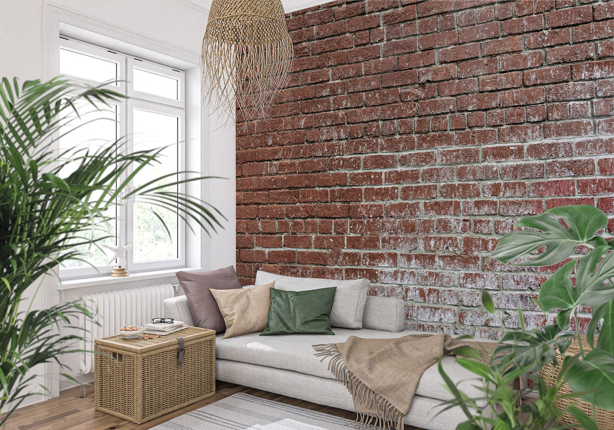 Brick wall mural creating statement wall in modern kitchen with open shelving