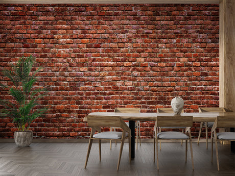 Brick effect wallpaper creating warmth in modern living room with grey sofa and plants