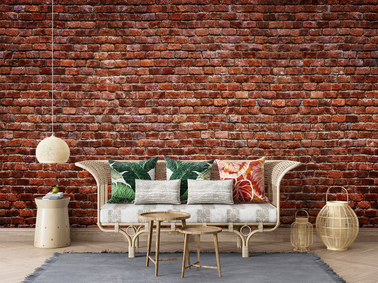 Terracotta brick wallpaper in industrial style kitchen with stainless steel appliances