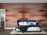 Industrial brick wallpaper creating statement wall in contemporary dining room