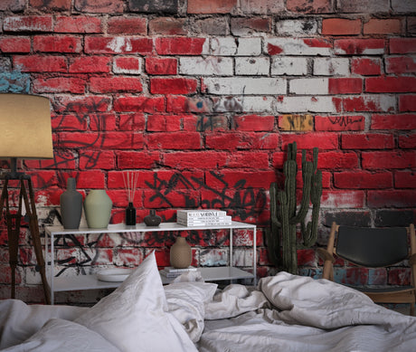 Red brick graffiti wallpaper in modern teen bedroom showing urban street art style