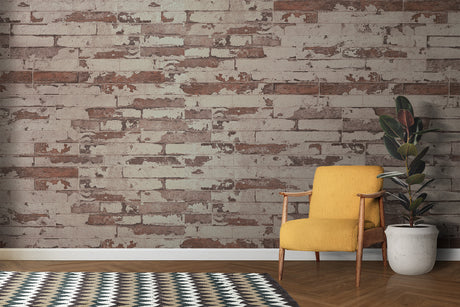 Industrial brick wallpaper in modern living room with leather sofa and metal accents