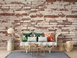 Vintage brick wall mural in industrial style kitchen with exposed beams