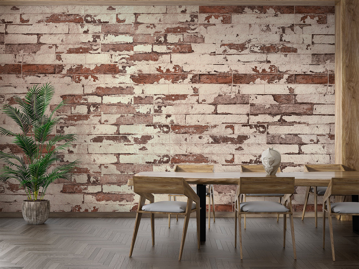 Rustic brick wallpaper creating urban atmosphere in home office space
