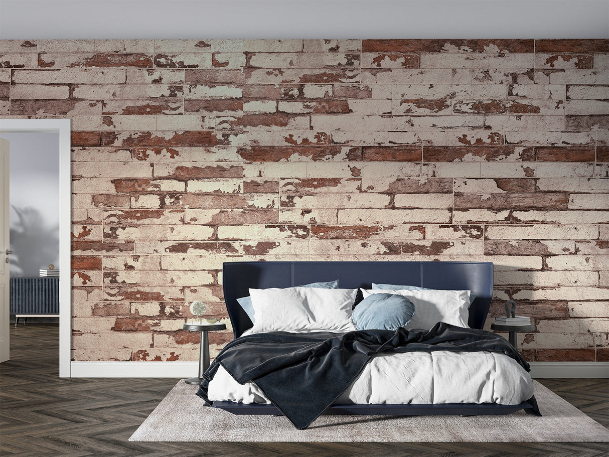 Industrial brick mural wallpaper in cozy bedroom with metal fixtures