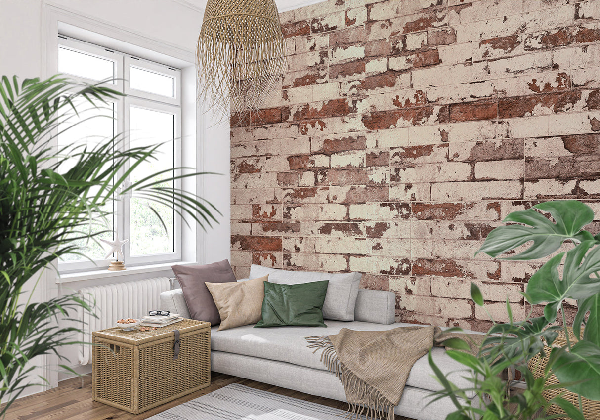 Brick wall mural adding character to modern dining room setting