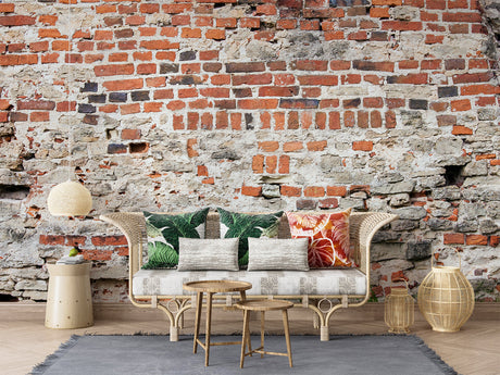 Brick wallpaper in modern living room creating industrial loft atmosphere