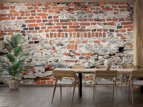 Brick wallpaper mural in modern living room showing authentic aged texture and industrial charm
