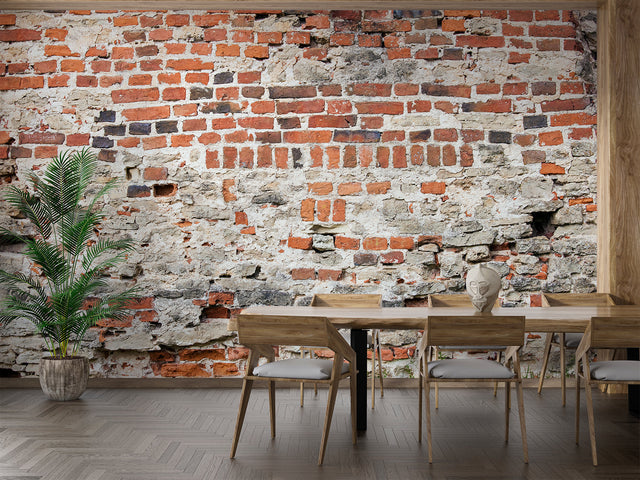 Brick wallpaper mural in modern living room showing authentic aged texture and industrial charm