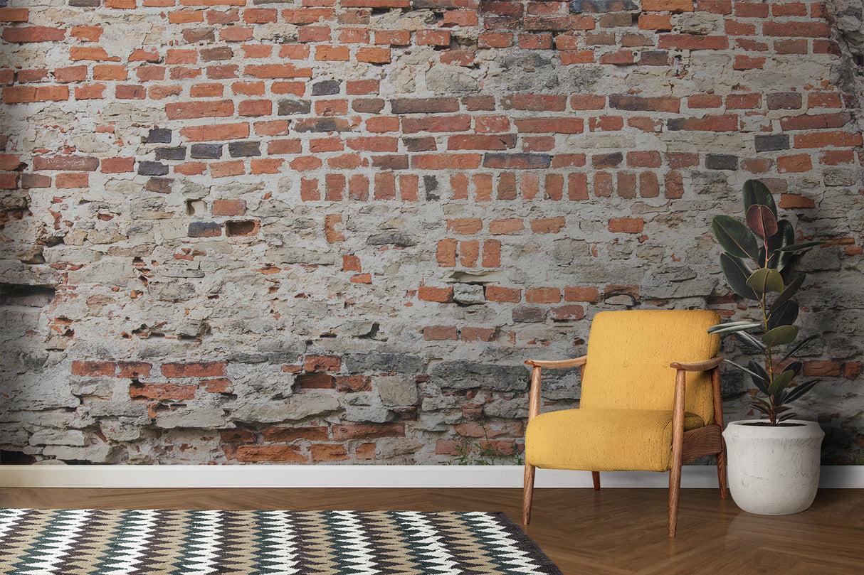 Red brick mural wallpaper in dining room showcasing rustic charm