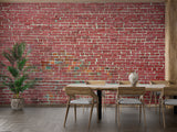 Red brick wallpaper in modern living room with leather sofa and industrial lighting