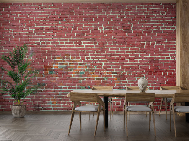 Red brick wallpaper in modern living room with leather sofa and industrial lighting