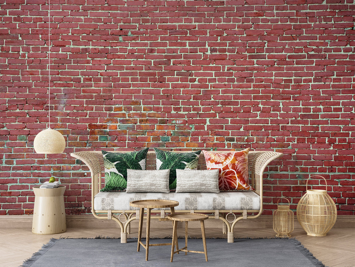 Industrial brick wall mural in kitchen with stainless steel appliances