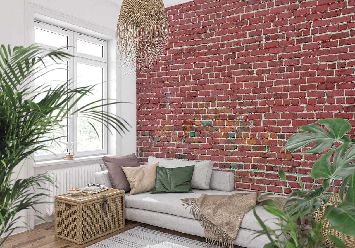 Industrial style brick wallpaper in loft bedroom with concrete elements