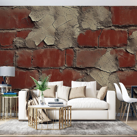 Red brick wallpaper mural creating an industrial accent wall in a modern loft living room with high ceilings