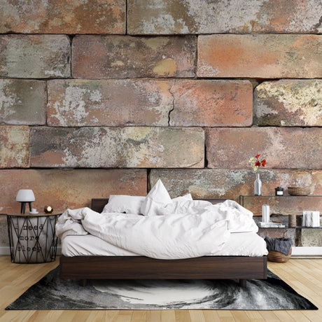 Brick wallpaper creating a cozy atmosphere in modern living room with grey sofa and plants
