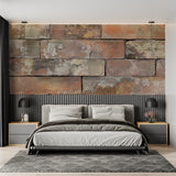 Brick effect wallpaper in home office with wooden desk and natural light