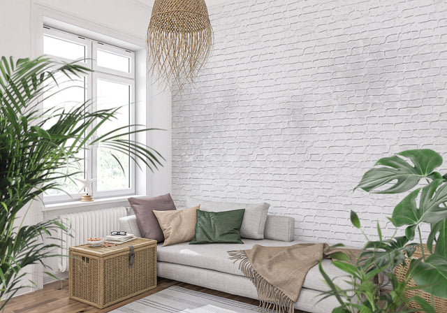 White brick texture wallpaper in modern living room with grey sofa and natural light