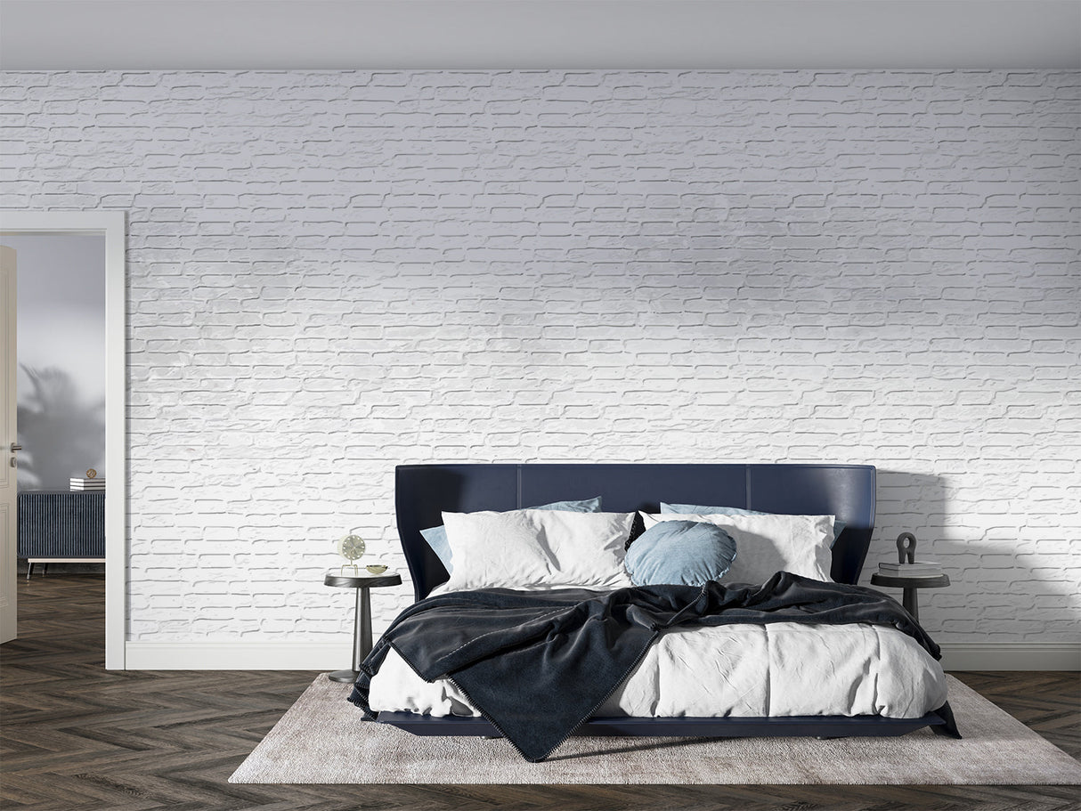 3D white brick wallpaper featured in contemporary kitchen with marble countertops
