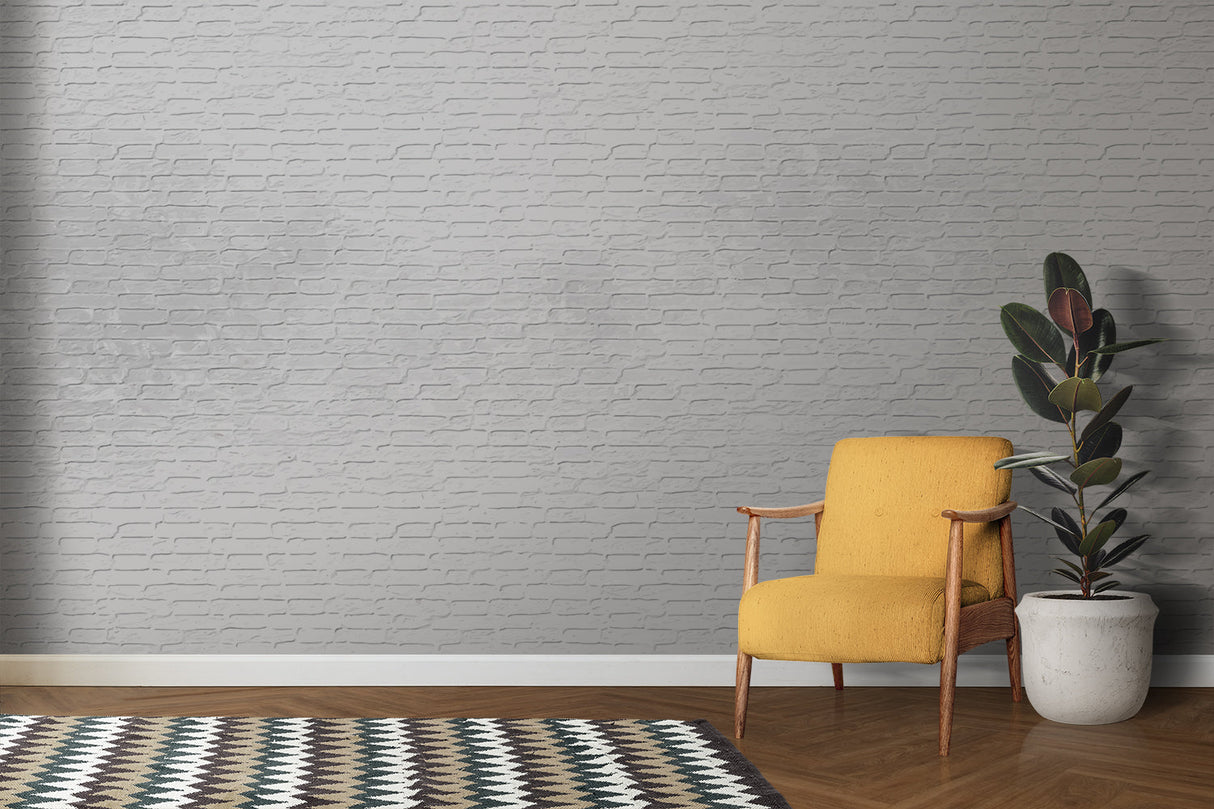 White textured brick mural in minimalist bedroom with black accents