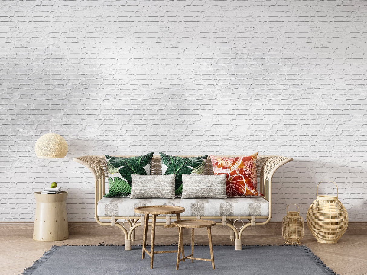Modern office space showcasing white brick wall mural with clean lines
