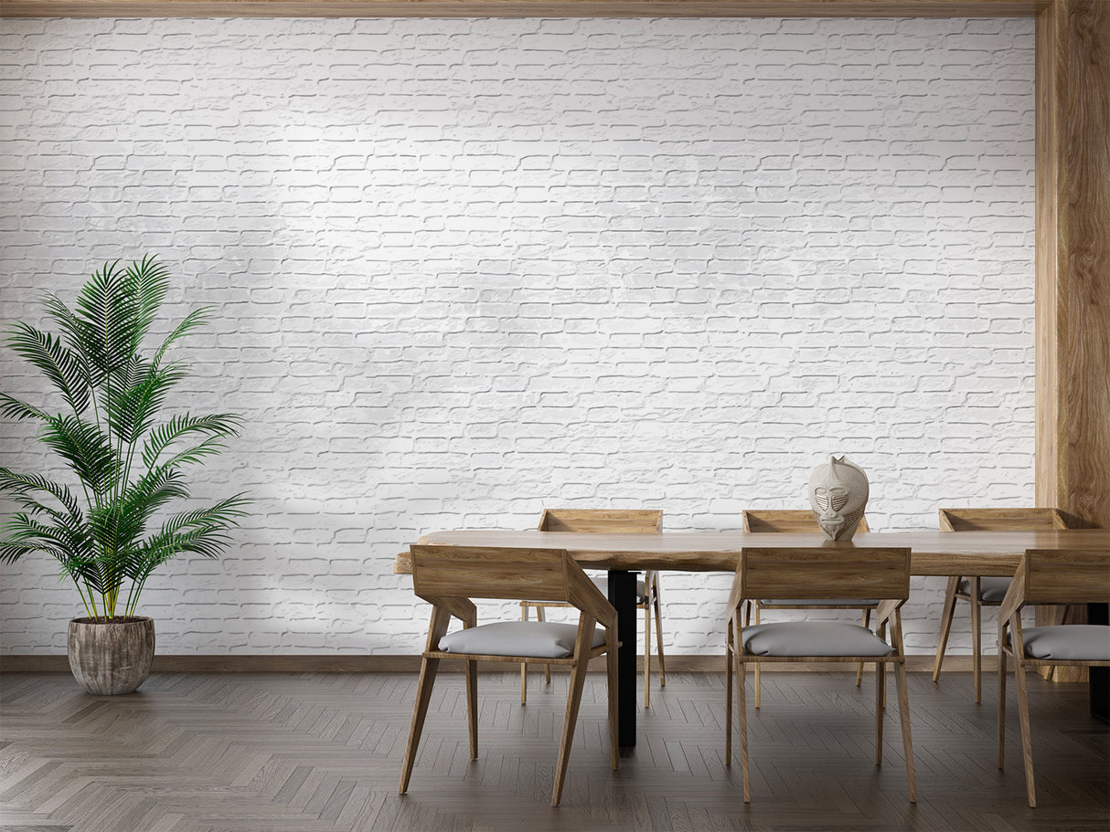 Restaurant interior with white 3D brick wallpaper creating industrial charm