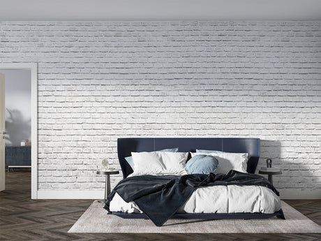 White brick wallpaper in modern minimalist living room showing clean industrial style