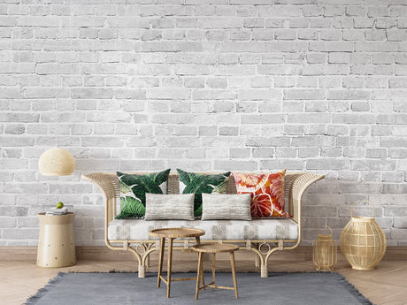White brick wallpaper mural in modern living room creating bright, open atmosphere