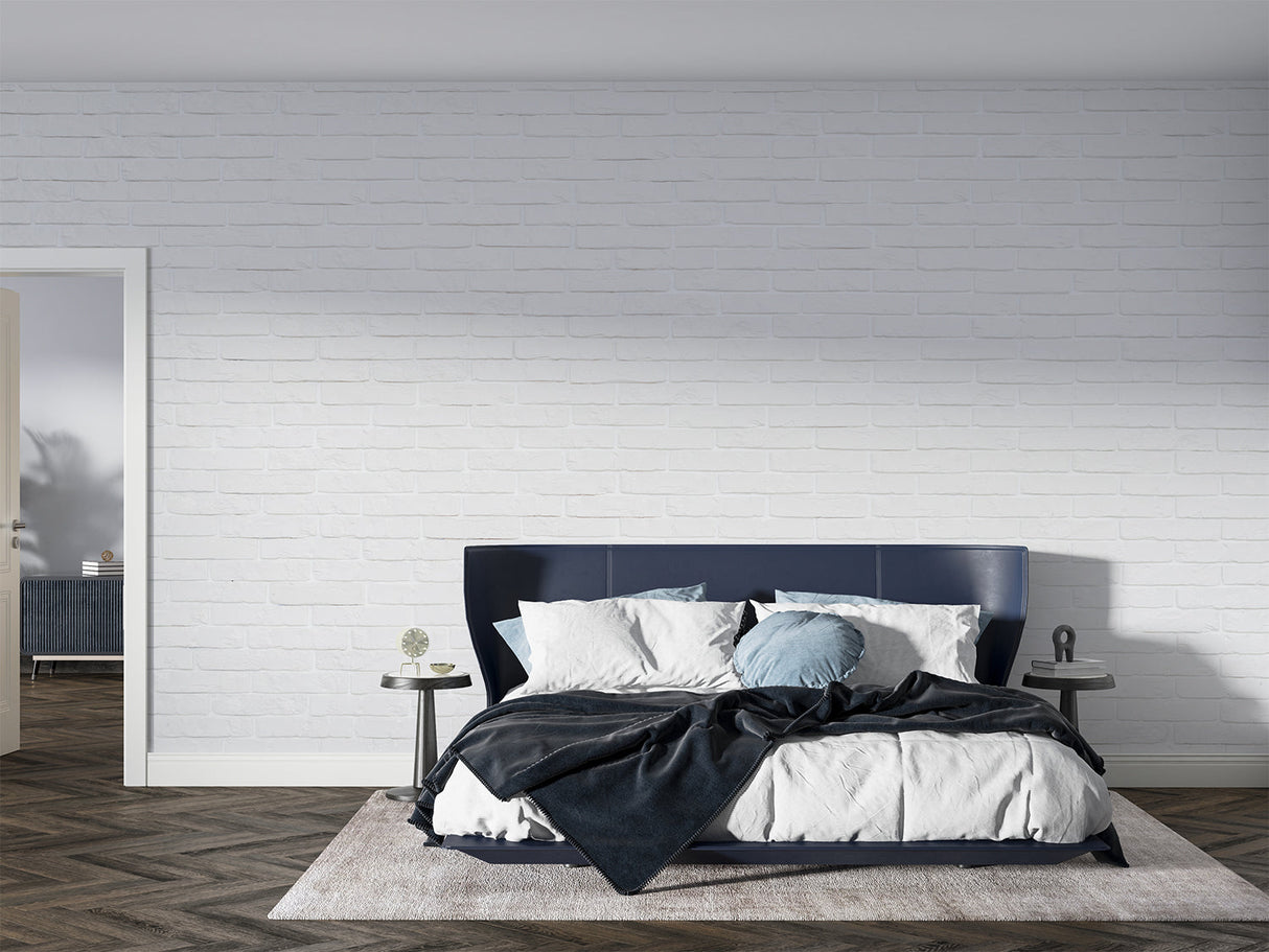 White brick mural wallpaper in dining room with contemporary furniture
