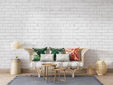 Home office with white brick wallpaper creating a clean, professional backdrop