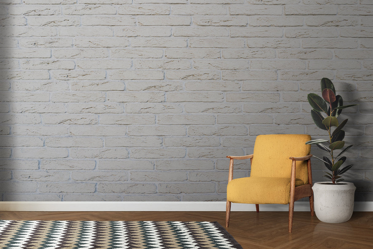 White brick wallpaper in modern living room showing textured stone effect
