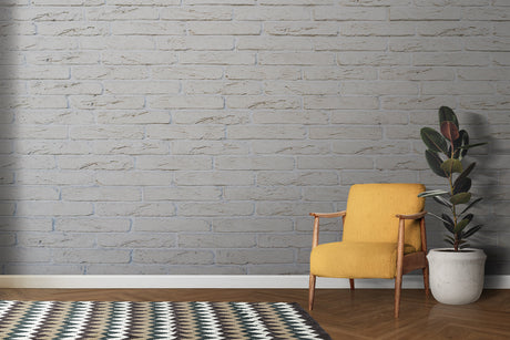 White brick wallpaper in modern living room showing textured stone effect