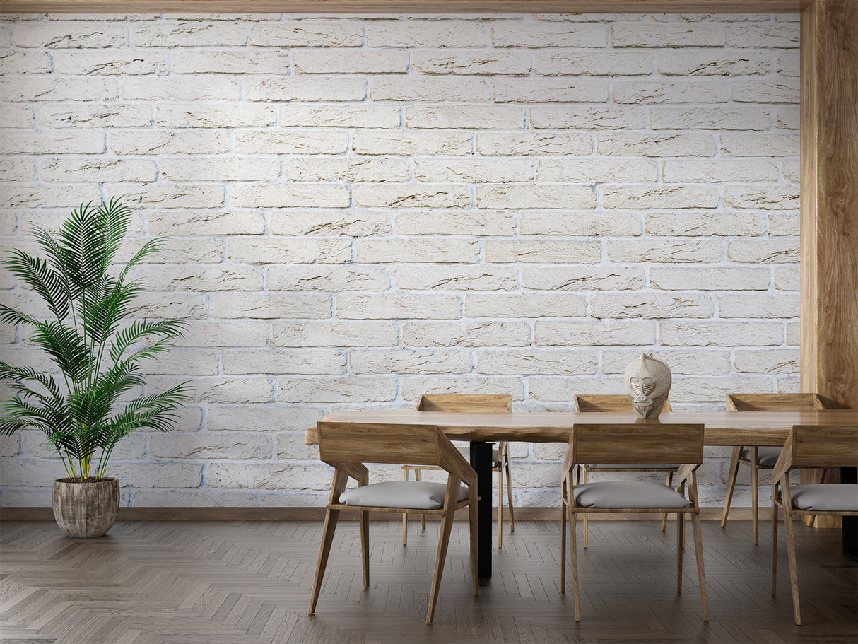 White stone effect wallpaper creating depth in dining room