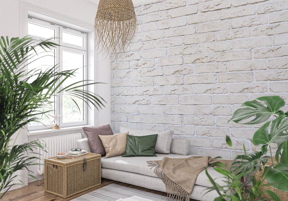 White brick mural installation in contemporary home office