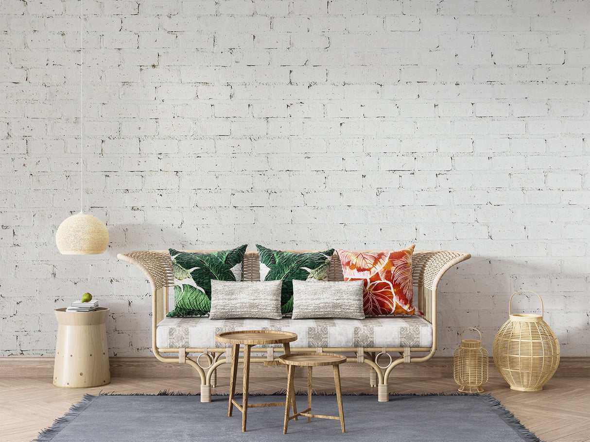 Textured white brick mural in minimalist kitchen with hanging plants