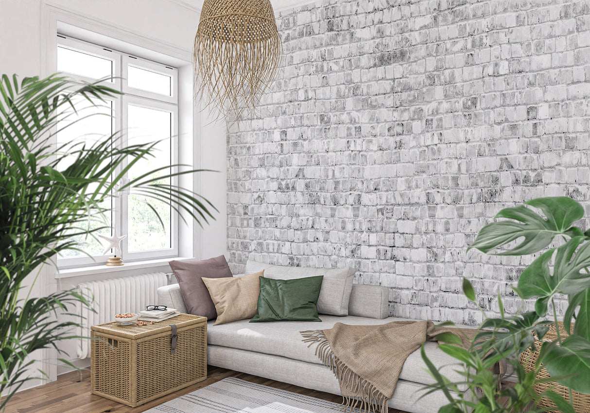 White brick wall mural in modern minimalist living room showing clean industrial design