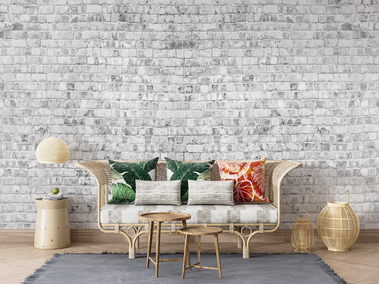 Industrial brick wall mural creating statement wall in dining room