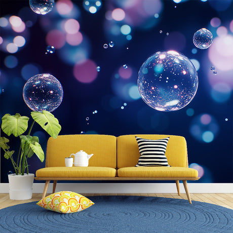 Bubble galaxy wallpaper creating a dreamy atmosphere in a modern living room with floating pink and blue spheres