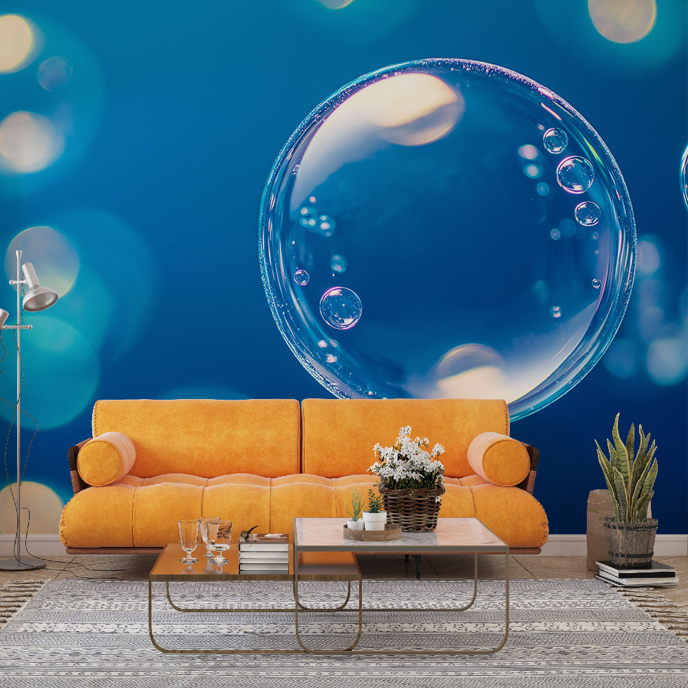 Bubble wall mural with dreamy blue bokeh effects creating depth in a modern living room setting