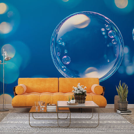 Bubble wall mural with dreamy blue bokeh effects creating depth in a modern living room setting