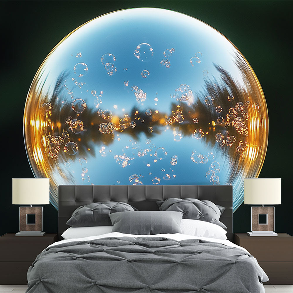 Blue and gold bubble wallpaper creating a stunning focal point in a modern living room with minimal furniture