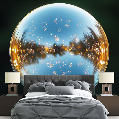 Blue and gold bubble wallpaper creating a stunning focal point in a modern living room with minimal furniture