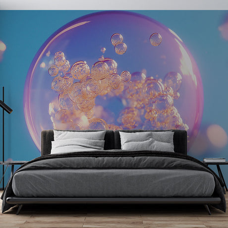 Purple and blue bubble wallpaper creating a dreamy atmosphere in a modern living room with natural light