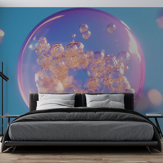 Purple and blue bubble wallpaper creating a dreamy atmosphere in a modern living room with natural light