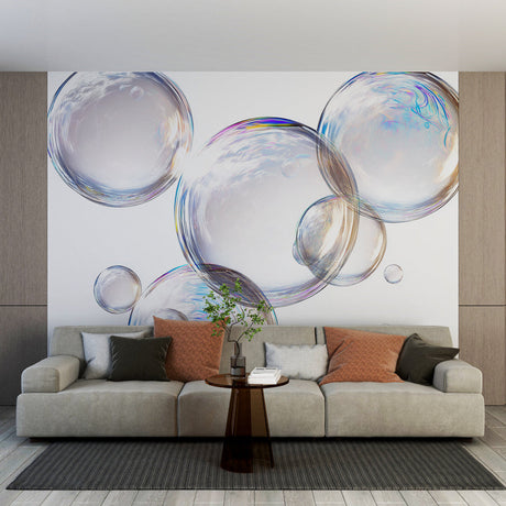Bubble wall mural creating a dreamy atmosphere in a modern living room with natural light highlighting the iridescent spheres