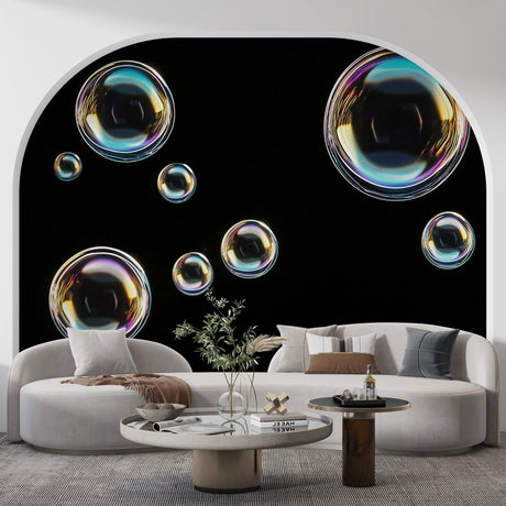 Bubble wall mural with iridescent spheres creating depth in a modern living room with ambient lighting