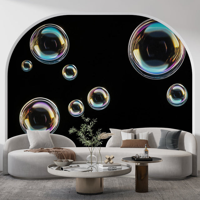 Bubble wall mural with iridescent spheres creating depth in a modern living room with ambient lighting