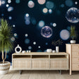Bubble wallpaper mural creating a dreamy atmosphere in a modern bedroom, soft blue spheres floating against dark backdrop