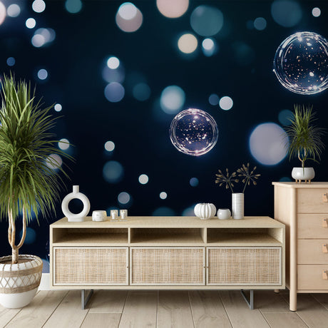 Bubble wallpaper mural creating a dreamy atmosphere in a modern bedroom, soft blue spheres floating against dark backdrop