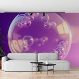 Purple bubble wallpaper creating depth in modern living room, floating spheres design casting reflections on furniture